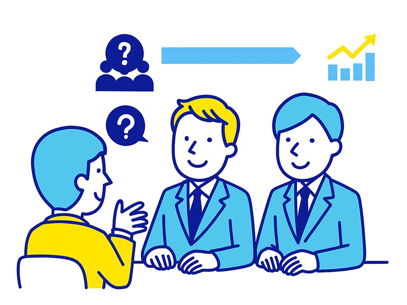 転職・中途採用の集団面接をイメージしたイラスト。複数の応募者が同席し、順番に質問に答える様子を表現。青と黄色を基調に協調性や発言力を象徴。