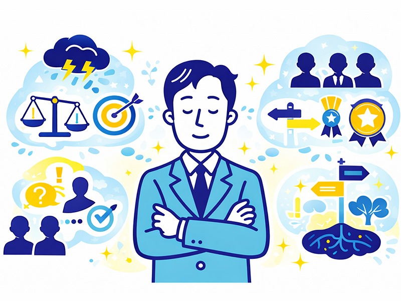 転職の集団面接で他の応募者と比較される中でも、落ち着いた姿勢と一貫した軸を保つ考え方を表したイラスト