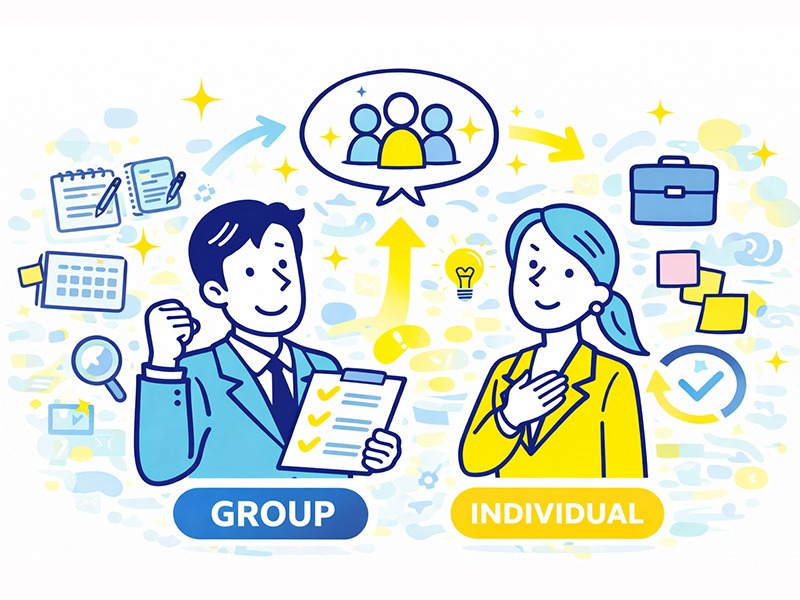 就活の集団面接で失敗しない準備と考え方を表現したイメージイラスト（姿勢や要点整理を示す構図）