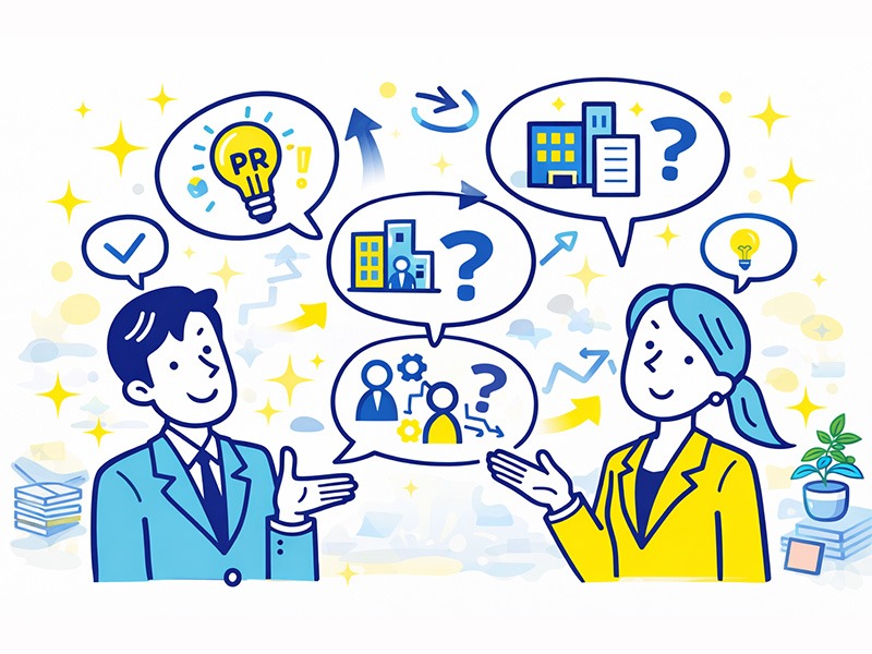 就活の集団面接で聞かれる質問の意図を表現したイラスト（頻出質問と評価ポイントのイメージ）