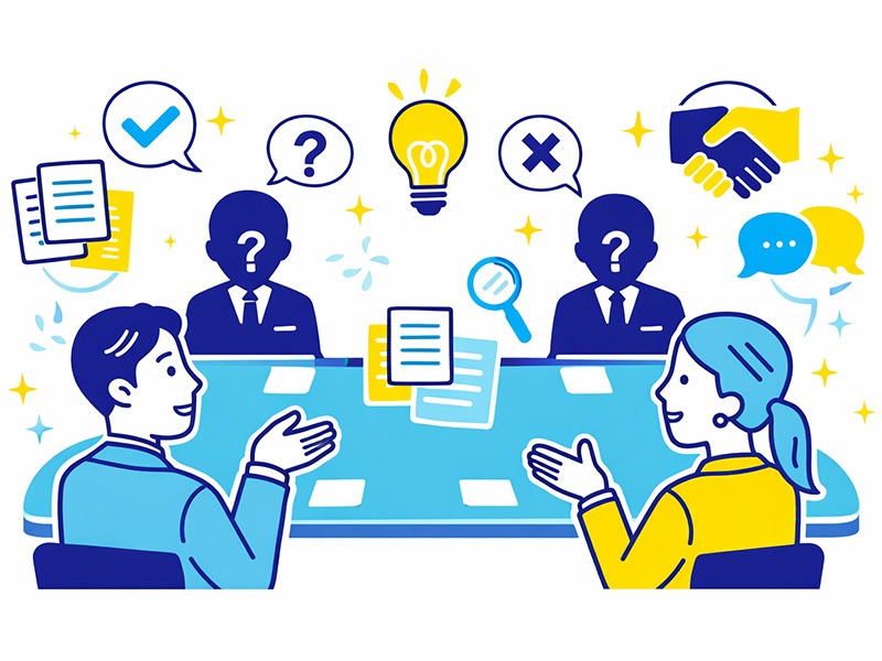 転職の集団面接で聞かれることや評価されるポイントを、グループ面接の状況イメージで表したイラスト