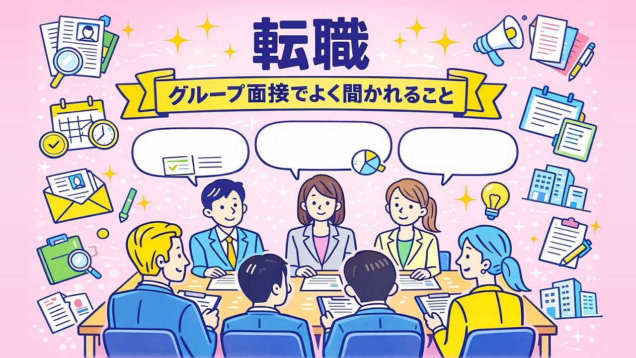 転職のグループ面接でよく聞かれる質問を、集団面接の場面イラストで解説した画像