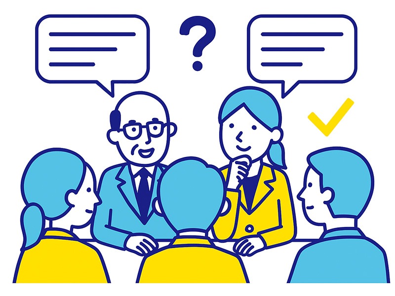 就活の集団面接でよく聞かれる質問をテーマにしたイラスト。複数の就活生が面接官に回答している様子を描き、協調性や発言力、他者との関わり方を象徴するアイコンを背景に配置した構図。青と黄色のフラットデザイン。