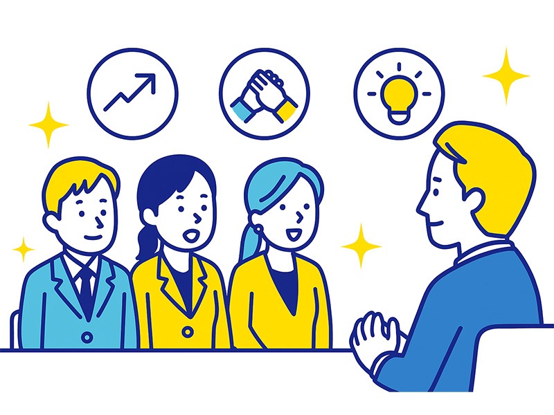 転職・中途採用の集団面接で質問に答える応募者を描いたイラスト。複数の応募者が順番に話し、他者がうなずきながら聞く様子を表現。青と黄色のフラットデザイン。
