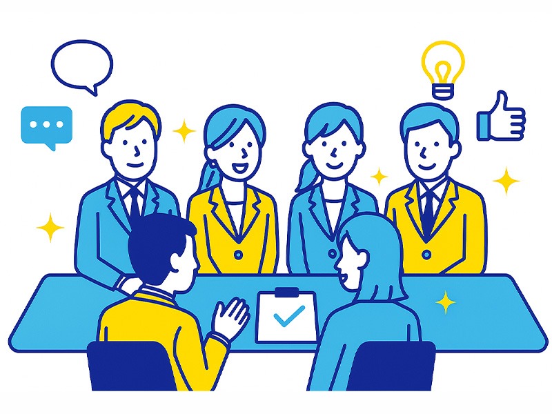 就活の集団面接シーンを描いたイラスト。複数の学生がスーツ姿で面接官の前に座り、協調性や主体性を評価する場面を表現。青と黄色のフラットデザインで、就活グループ面接の雰囲気を明るく表した構図。