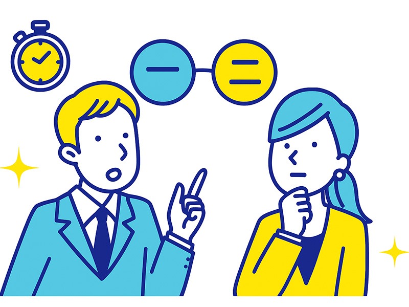 転職・中途採用の集団面接で一次・二次面接の質問傾向と準備方法を表現したイラスト。応募者が順に発言し、面接官がメモを取る構図。青と黄色のフラットデザイン。