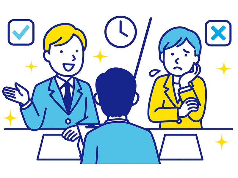 就活の集団面接で印象を高めるコツをテーマにしたイラスト。複数の就活生が面接官の前で発言し、姿勢や表情、リアクションなど非言語の要素を意識している様子を描く。青と黄色を基調としたフラットデザイン。