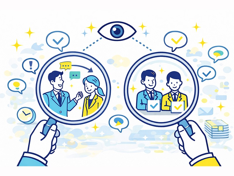 就活の集団面接で何を見ているのかを表現したイメージイラスト（回答姿勢や協働性の評価ポイントを示す構図）