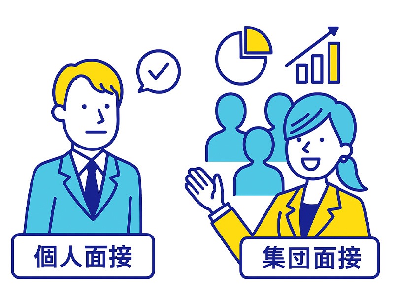 転職の集団面接と個人面接の違いを比較し、落ちないための改善策を示したイラスト