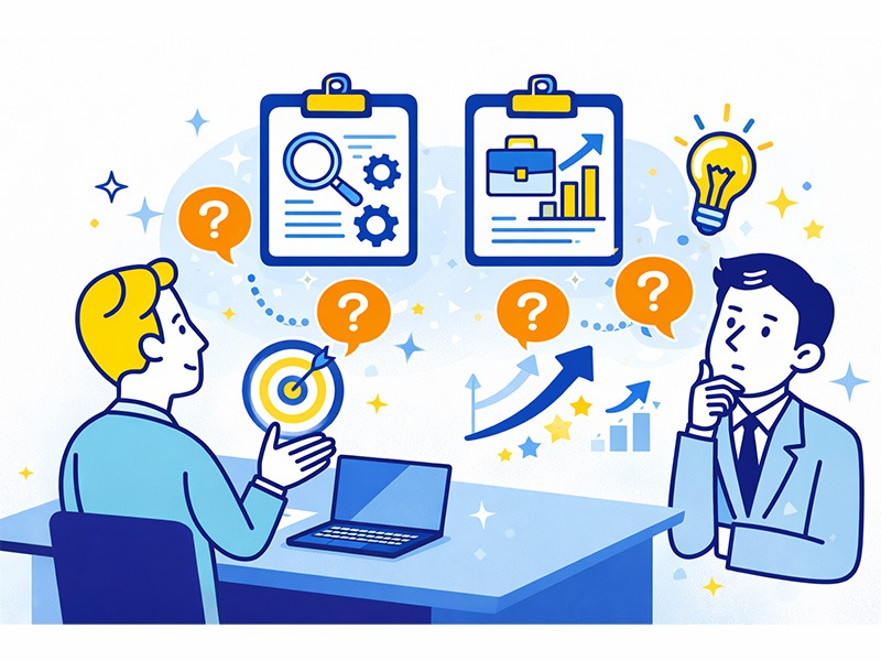 就活の面接で逆質問の意図や評価基準を考える就活生と面接官をイメージしたイラスト