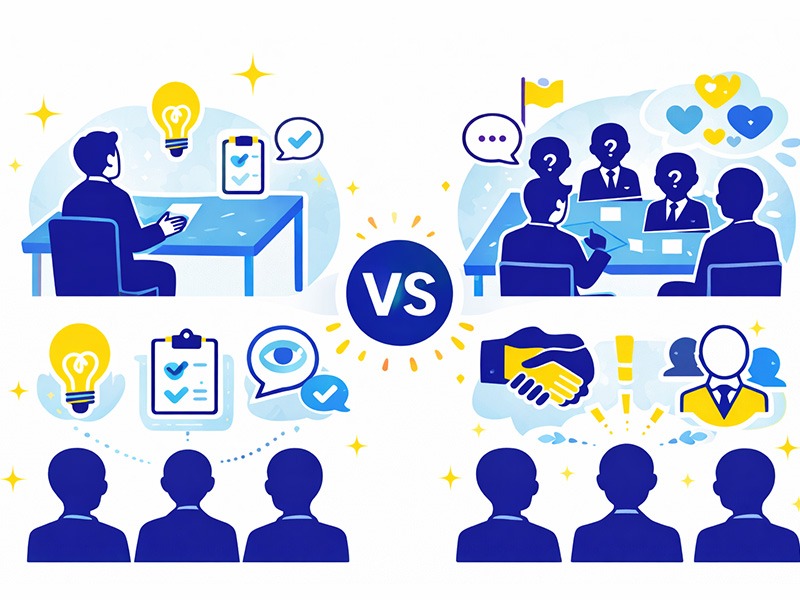 個人面接と集団面接の違いと、形式ごとに評価されるポイントの違いを比較して整理したイラスト