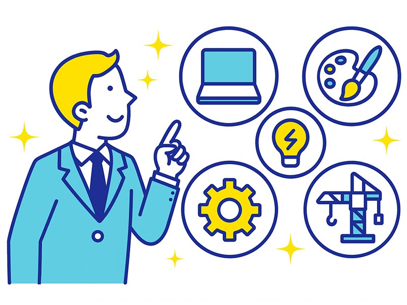 男性が手に職をつけるための業種別一覧を示すイラスト