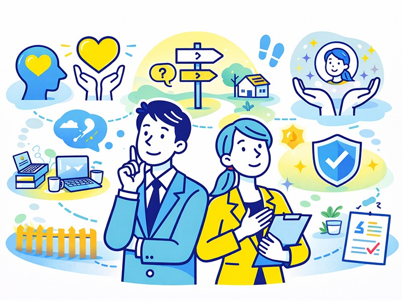 INFJ提唱者が幸せに働くための考え方を表したイラスト｜価値観を大切にし自分らしい働き方を選ぶヒント