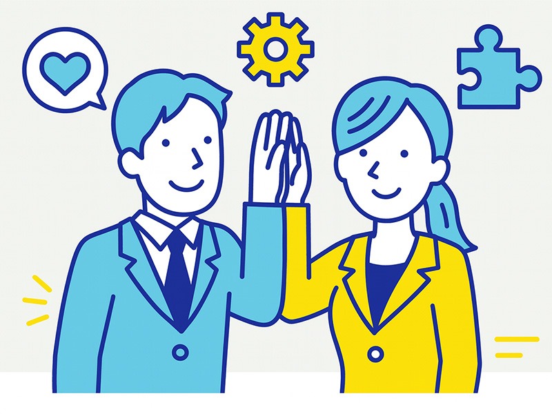 INFJに向いている仕事の特徴をイメージしたフラットイラスト。共感力や洞察力を象徴するアイコンと協働する男女の構図。