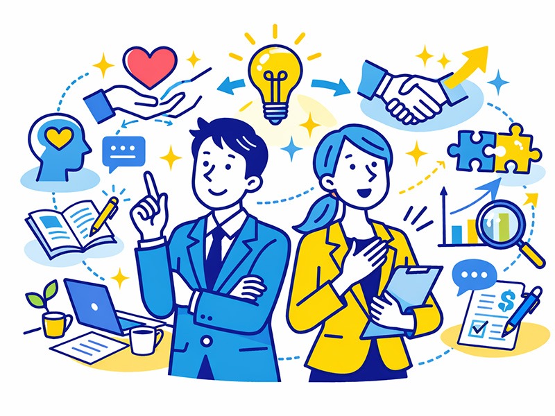 INFJ提唱者に向いてる仕事と適職の考え方を表したイラスト｜直感力と共感性を活かせる働き方