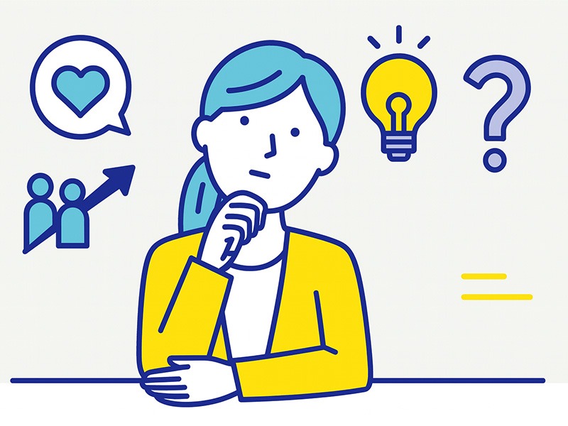 INFJの特徴と性格傾向をイメージしたフラットイラスト。感情への配慮や洞察力を象徴するアイコンと考える人物の構図。