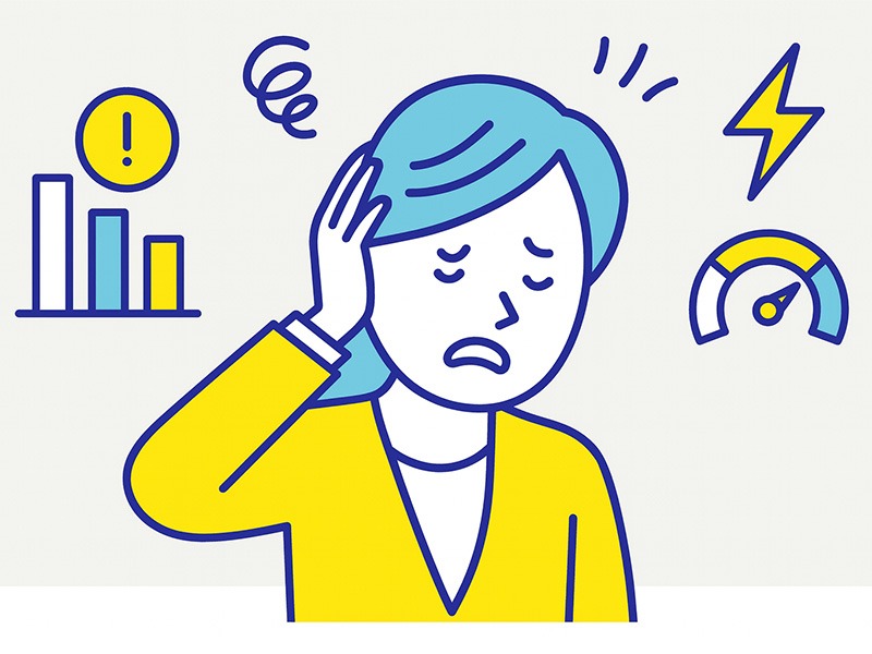 INFJに向いていない仕事の特徴を表すフラットイラスト。強い競争や急な負荷に困惑する人物と警告アイコンを配置した構図。