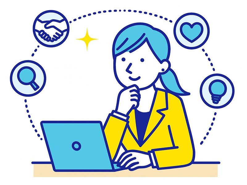 INFJの強みを活かす働き方を表現したイラスト。落ち着いた環境で考える女性と、洞察力や共感力を象徴する複数のアイコンを配置した構図。