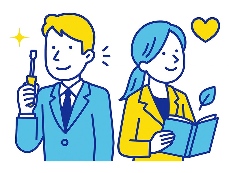 INFPの男女別におすすめの職業をイメージ化したイラスト。男性の専門性と女性のケア・企画領域の特徴を表現した図。