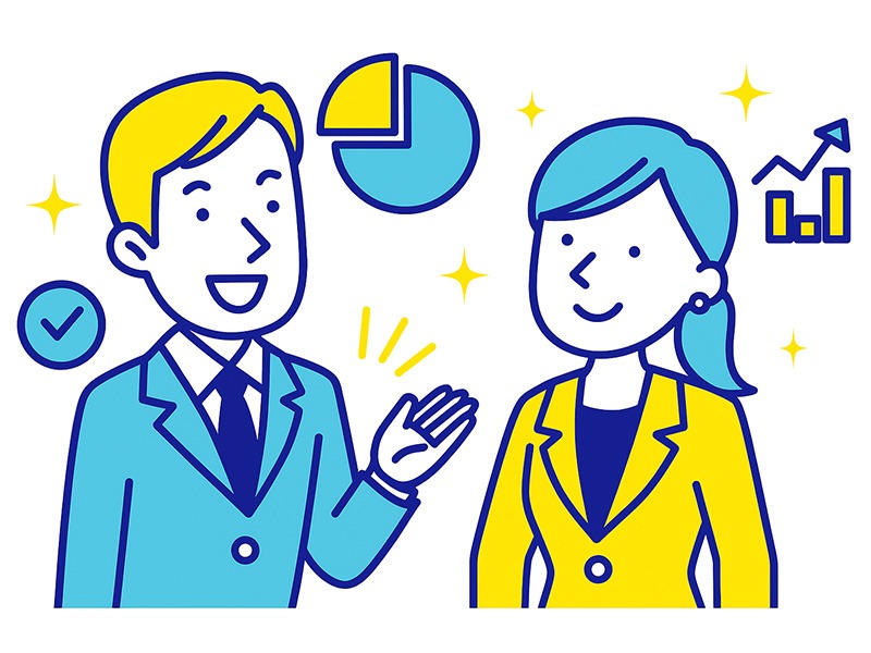 40代の転職面接で信頼される実績アピールをする男女を描いた青と黄色のフラットイラスト