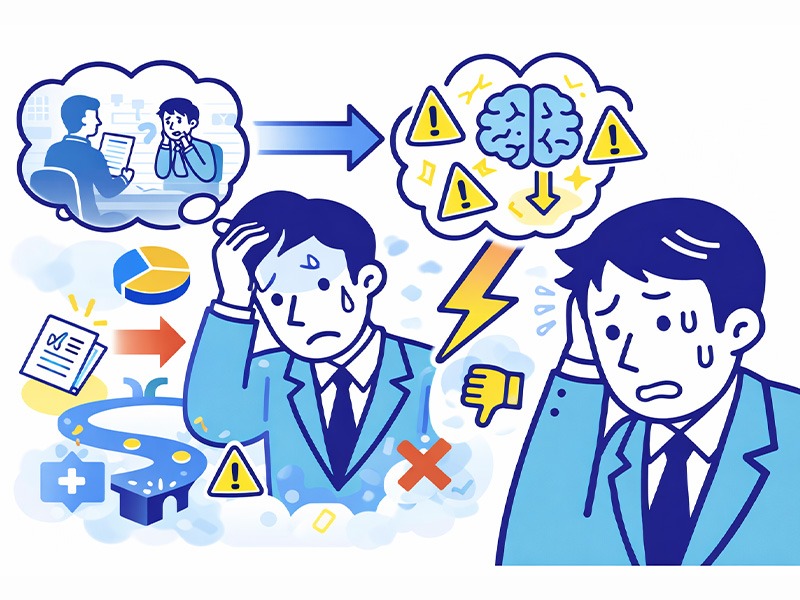 転職の中途採用面接で過去の失敗記憶と予期不安が重なり、緊張しすぎて苦手意識が強まる心理構造を表したイラスト｜転職面接 緊張 苦手