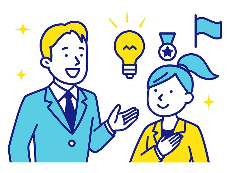 40代の転職面接でマネジメントや後進育成の経験を伝える男女を描いた青と黄色のフラットイラスト