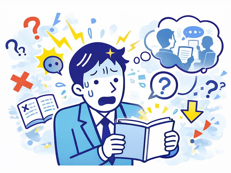 転職の中途採用面接で回答を丸暗記しようとして緊張しすぎ、頭が真っ白になる様子を表したイラスト｜転職面接 緊張 苦手