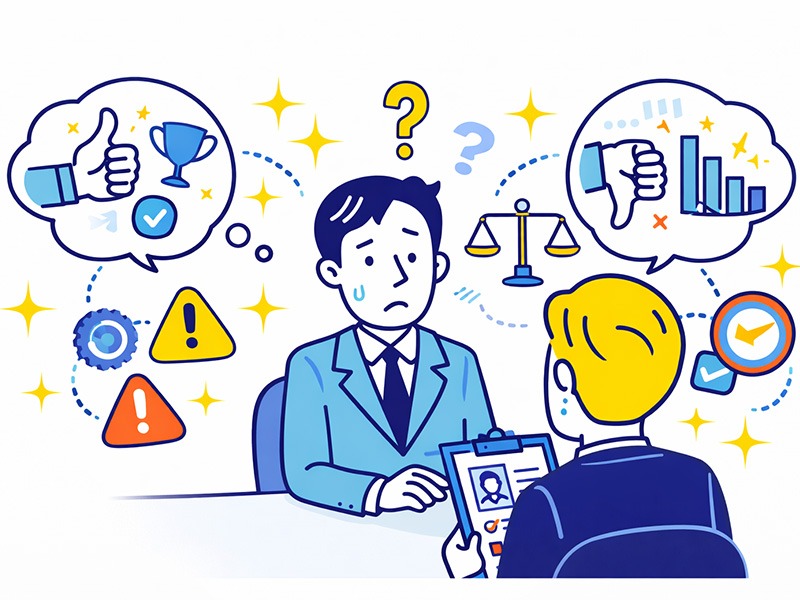 面接対策をせずに本番に臨むことのリスクや判断基準に迷い、成功と失敗の可能性を天秤にかけて考える就活生を表したイラスト