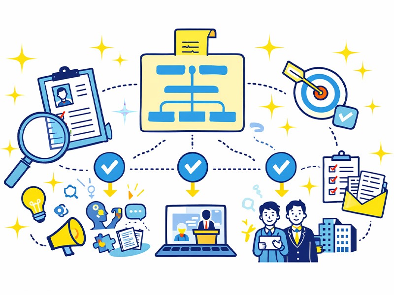 面接対策で何をすべきか全体像を整理し、優先順位や取り組む順番を考える就活生を表したイラスト