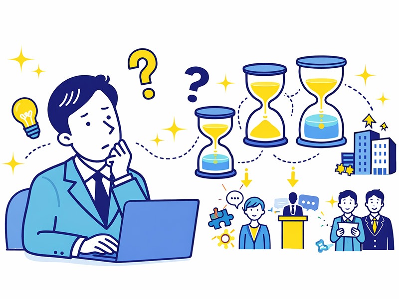 面接対策に必要な準備時間を考え、自分に合った進め方や優先順位を見極めようとする就活生を表したイラスト