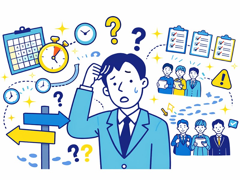 面接対策はいつから始めるべきか迷い、準備時期や進め方の判断に悩む就活生を表したイラスト