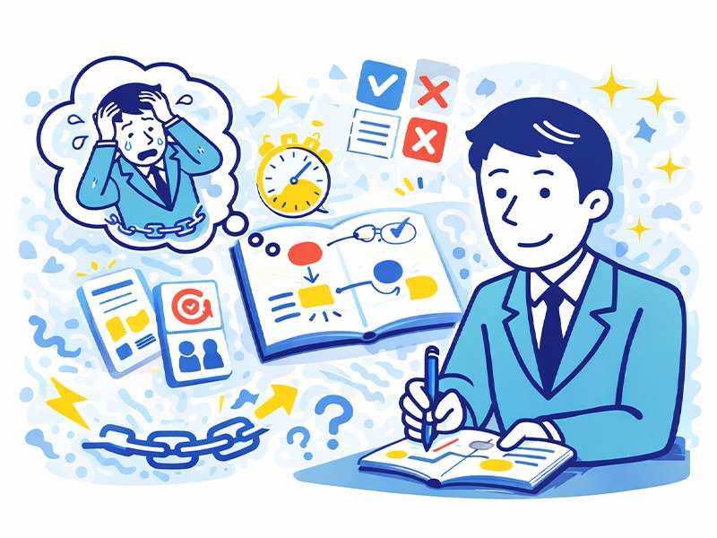 就活の面接で緊張しても話せるよう、丸暗記に頼らず考えを構造化して準備する就活生を表したイラスト｜就活 面接 緊張