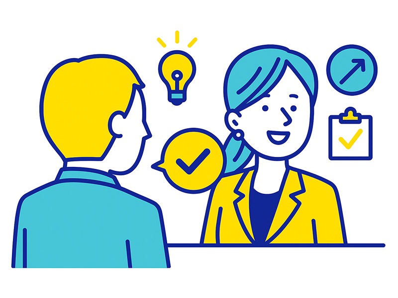 40代の転職面接で、転職理由を再定義し一貫性と信頼性を伝える様子を描いた青と黄色のフラットイラスト