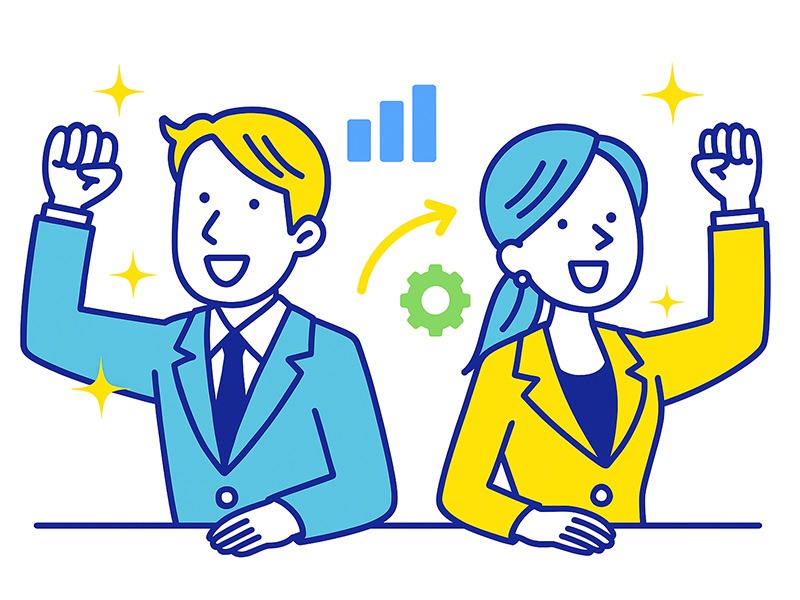 20代で転職回数が多い人の話し方のコツを表現したイラスト。若手社会人が自信を持って面接で話す様子を、青と黄色のフラットデザインで描き、会話や成長を象徴するアイコンを配置。