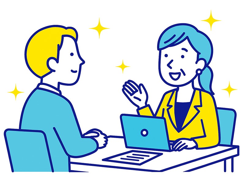 40代の転職面接で信頼を得るために誠実に話す男女を描いた青と黄色のフラットイラスト