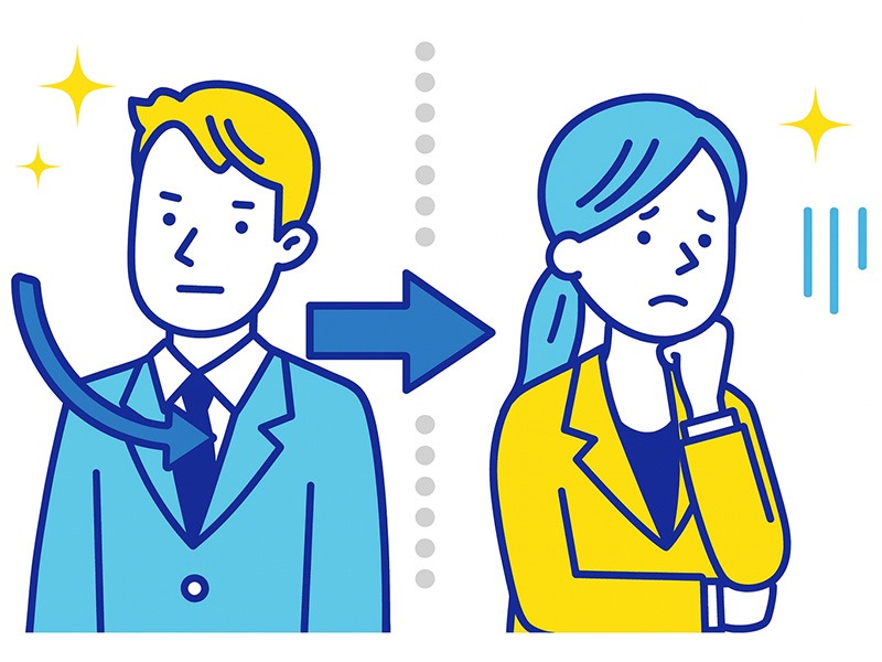 INTJ男女別の仕事傾向と違いを表すイラスト。INTJ男性とINTJ女性が職場の期待や負担の違いに直面する様子を示した構図。