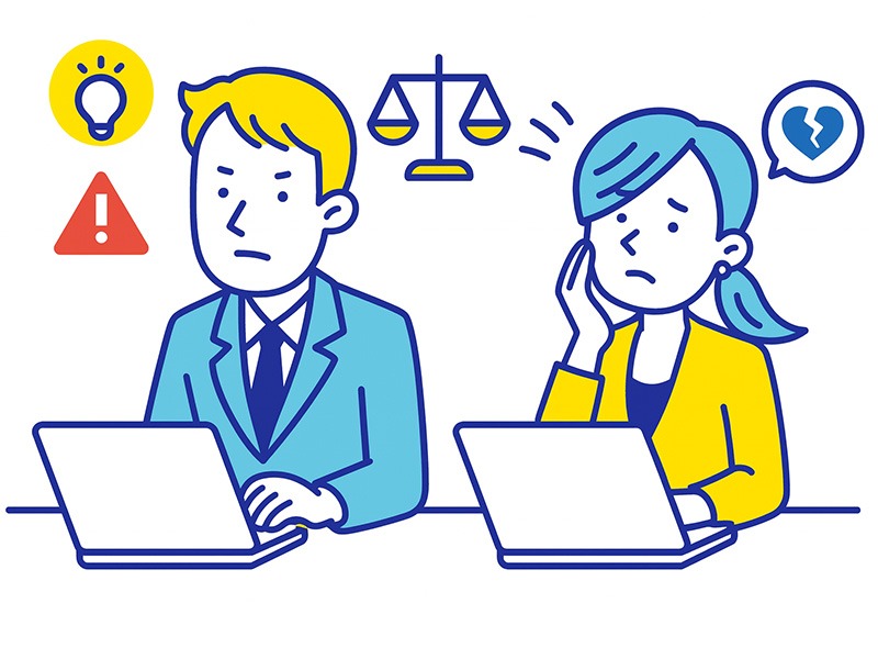 INTJの仕事の特徴と基本理解を表すイラスト。論理的思考や計画性の強みと、曖昧な指示や感情的なコミュニケーションに悩む場面を示した構図。