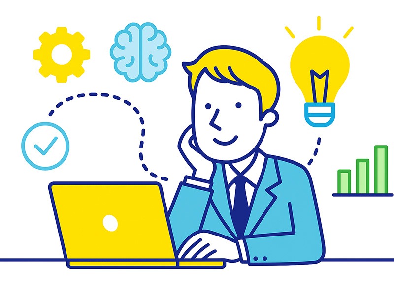 INTP向いている仕事と適職特徴を表すイラスト。論理性や独創的な発想を活かせる職業イメージと、深い思考に集中する姿を描いた構図。