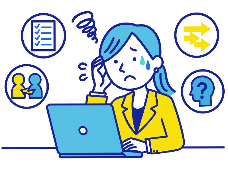 INTP向いていない仕事と理由を説明するイラスト。反復作業や感情調整の多い業務にストレスを抱えやすいINTPの特徴を表現した構図。