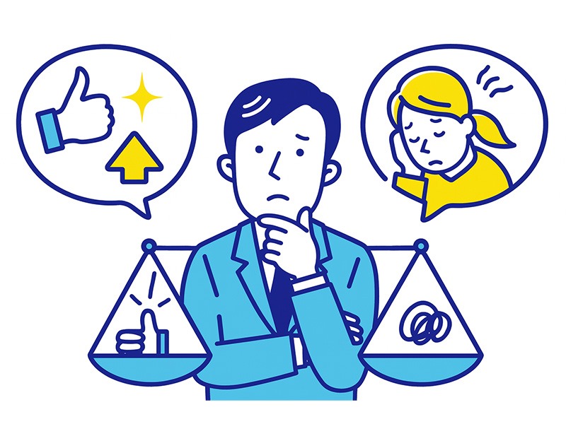 ISFJの仕事適性を表すイラスト。丁寧さや誠実さと、抱え込みやすさのバランスを考える人物を描いた適職イメージ。