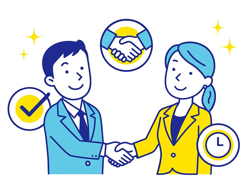 ISFJの向いている仕事を表すイラスト。安定した環境で誠実に働く男女が握手している適職イメージ。