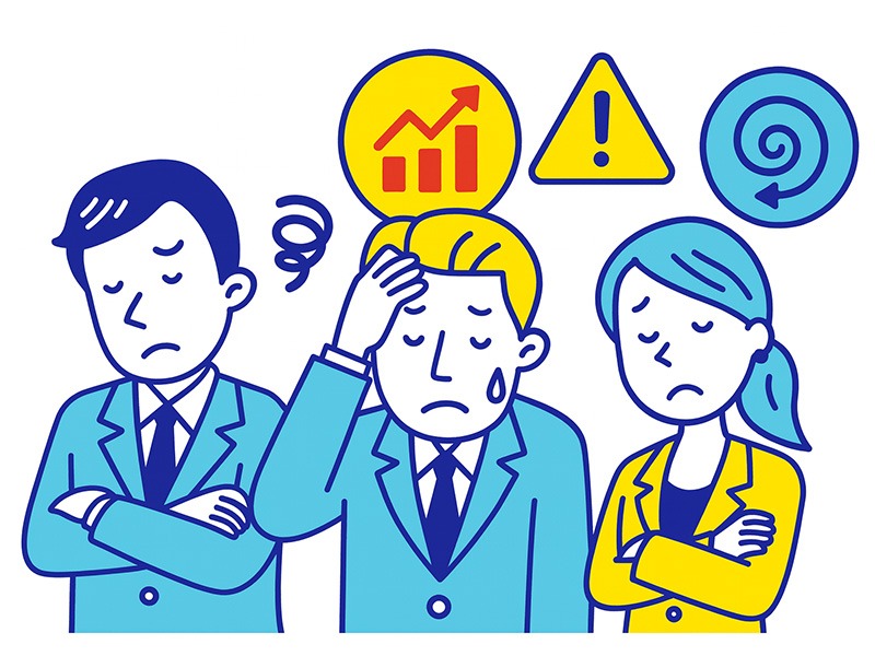 ISFJが不向きな仕事や注意すべき職場環境を表すイラスト。変化が激しい環境で負担を感じる男女を描いた適職イメージ。