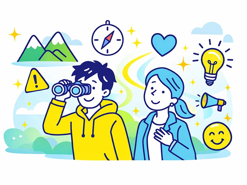 ISFP冒険家の特徴や性格傾向を表現したイラスト。感性が鋭く自由な価値観を持ち、比較や評価に疲れやすいISFPが仕事でつまずきやすいポイントを視覚的に解説