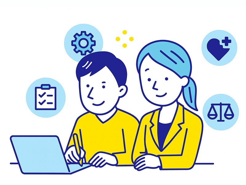 ISFPの男女別の適職比較ガイドをイメージしたイラスト。男性は技術・実務、女性はケア・サポート職で力を発揮しやすい特徴を表現した画像。