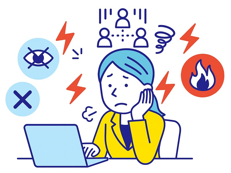 ISFPに向いてない仕事と注意点を表したイラスト。強い指示やマルチタスクが続く環境で負担を感じている様子を描いた画像。