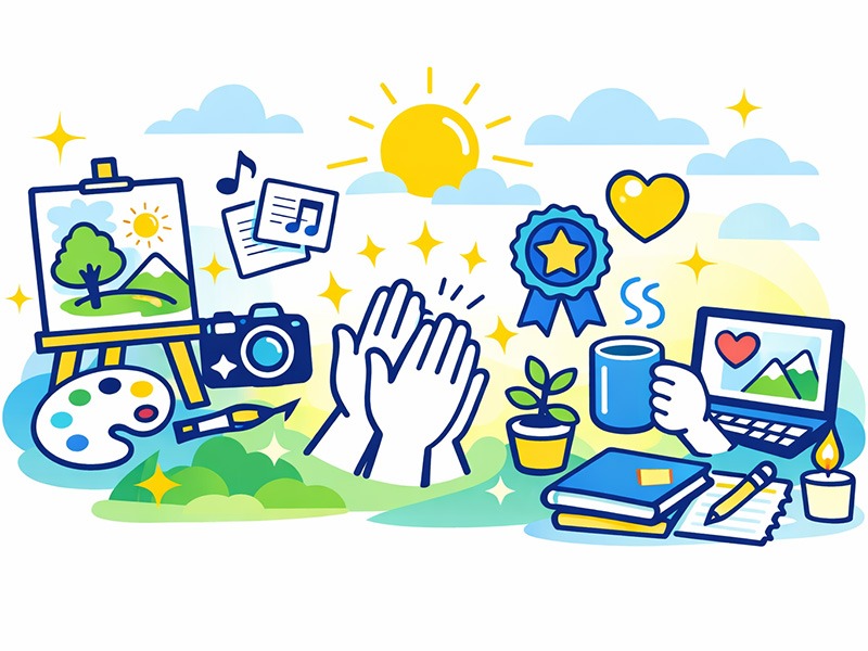 ISFP冒険家が仕事で嬉しい瞬間を表現したイラスト。評価や立場よりも感性を生かせる環境で、丁寧な仕事にやりがいを感じるISFPの特徴を解説