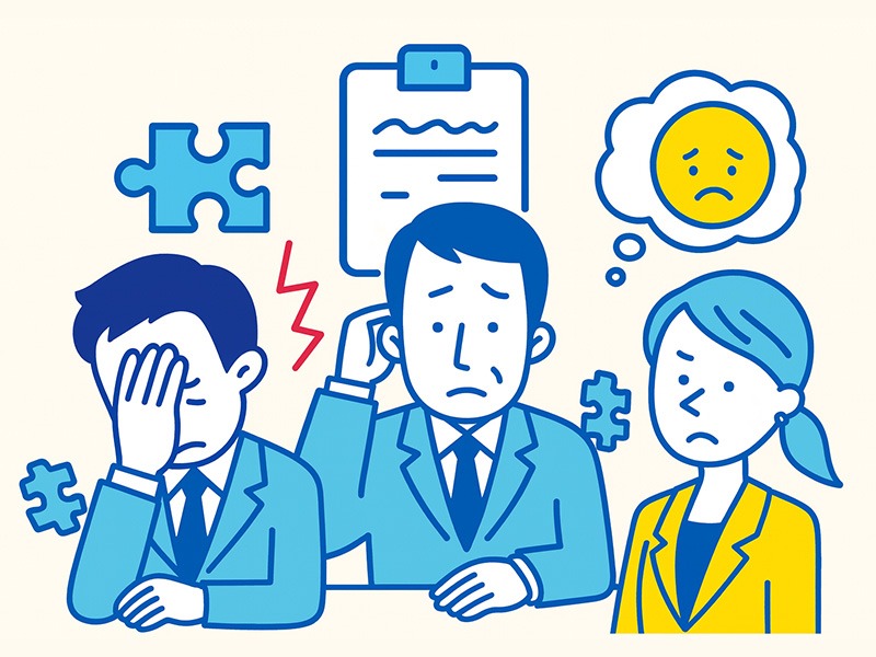 ISTPに向いてない仕事と避けたい環境を示すイラスト。感情調整が多い職場や曖昧な指示により能力が発揮されにくい状況を描いた画像。