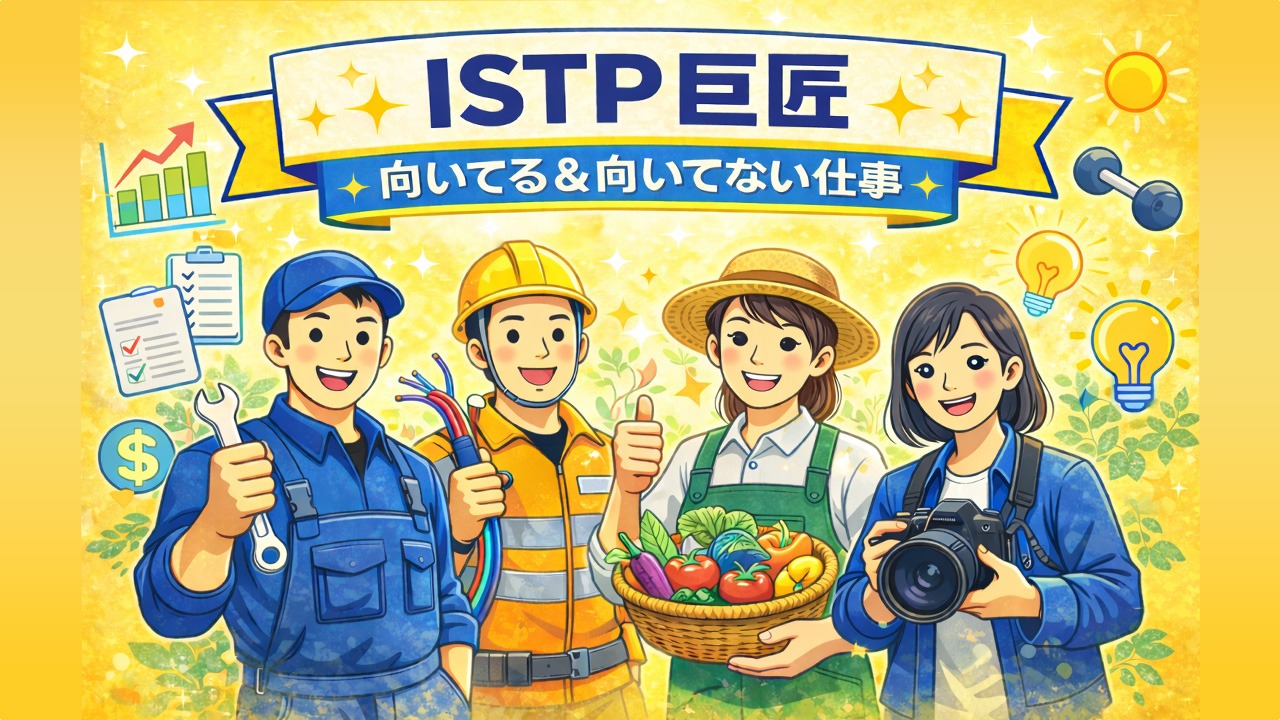 ISTP巨匠に向いてる仕事・向いてない仕事を、自動車整備士・電気技師・農家・写真家のイラストで分かりやすく解説した画像