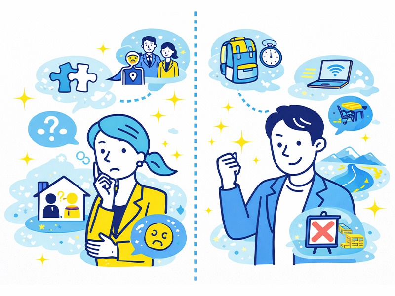 ISTP(巨匠)の女性と男性で異なる仕事選びの傾向や悩みを、性別ごとの視点で整理したイラスト