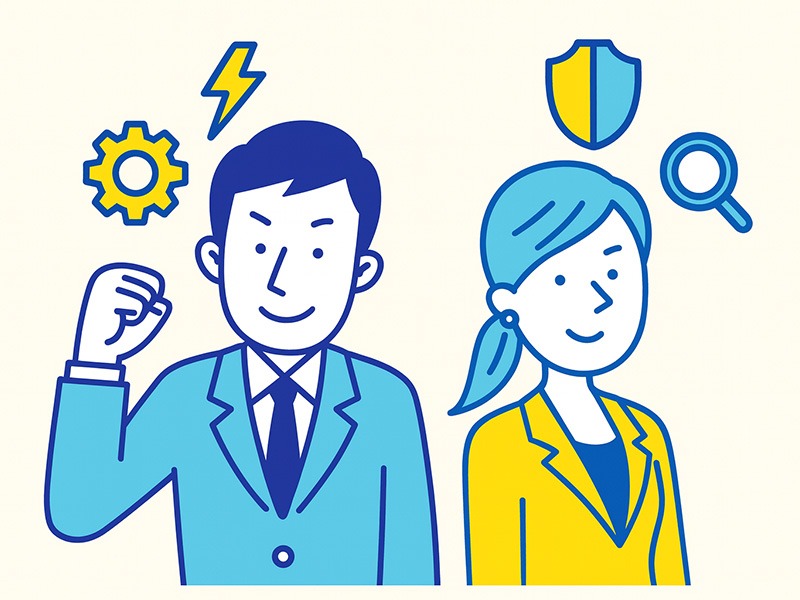 ISTP男性とISTP女性の強みの違いと働き方の特徴を比較するイラスト。実務の精度・技術力・安定性などの働き方の傾向を表した画像。